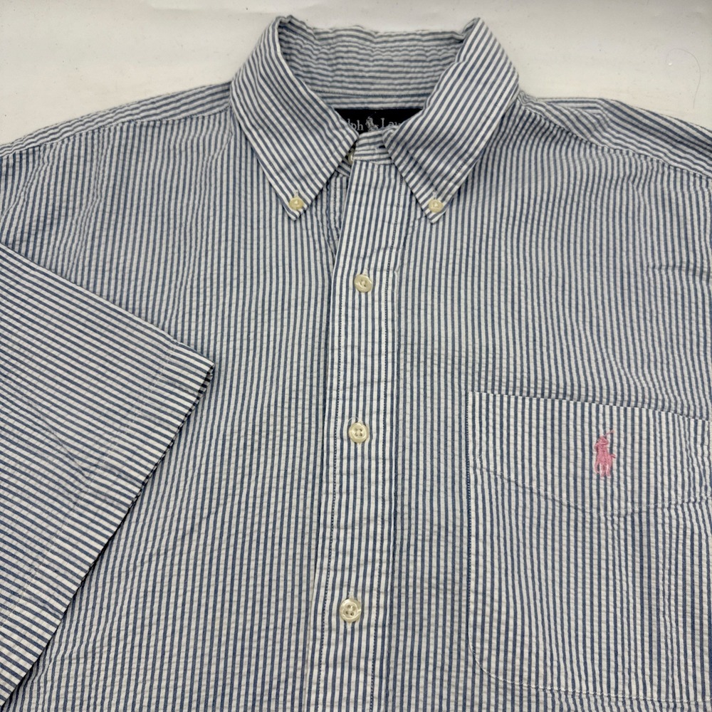 Ralph Lauren Shirt Men M Blue Stripe Seersucker Blaire Preppy Blokecore